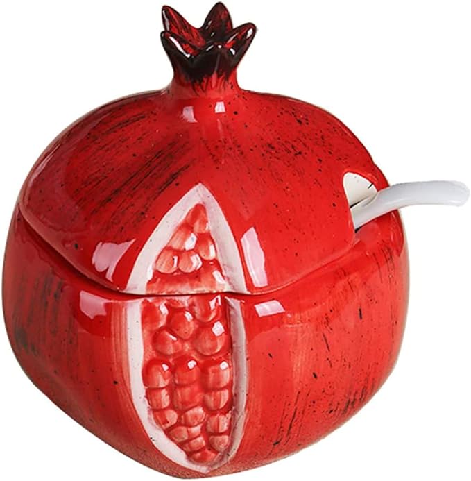Ceramics Fruit Shaped Sugar Bowl Salt Pot Pepper Storage Jar with Lid and Spoon Seasoning Box Condiment Pots (Red Pomegranate)