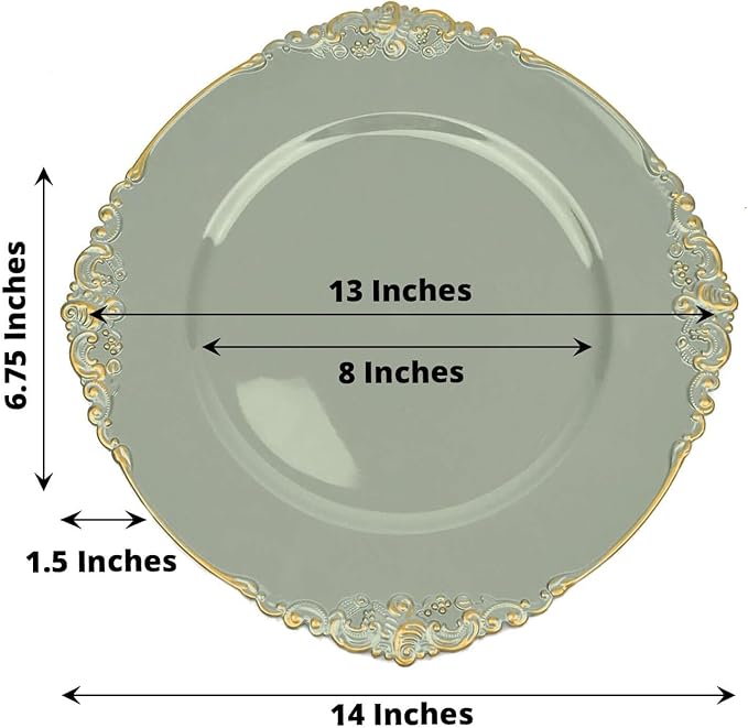 13" Charger Plates -Set of 24 - Acrylic Dusty Sage Green Round Baroque Disposable Chargers Leaf Embossed Rim, Ideal for Dinner Party Wedding Bulk Events