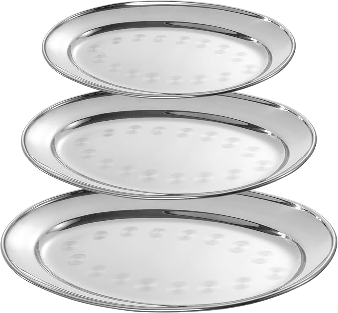 3 Oval Stainless Steel Serving Trays Set, Mirror Polished Food Tray for Dinners, Parties, Waiter'S Tray, Sizzling Platters for Restaurants