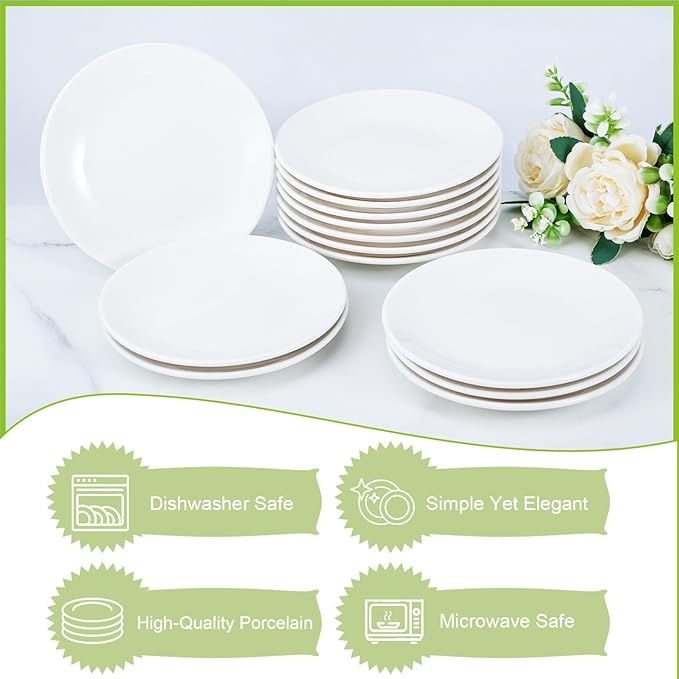 Ceramic Dessert Plates Set of 8, 6 Inch White Appetizer Plates, Round Small Plate for Cake Snacks, Porcelain Serving Plate for Appetizers, Microwave Oven and Dishwasher Safe (8 Pcs)