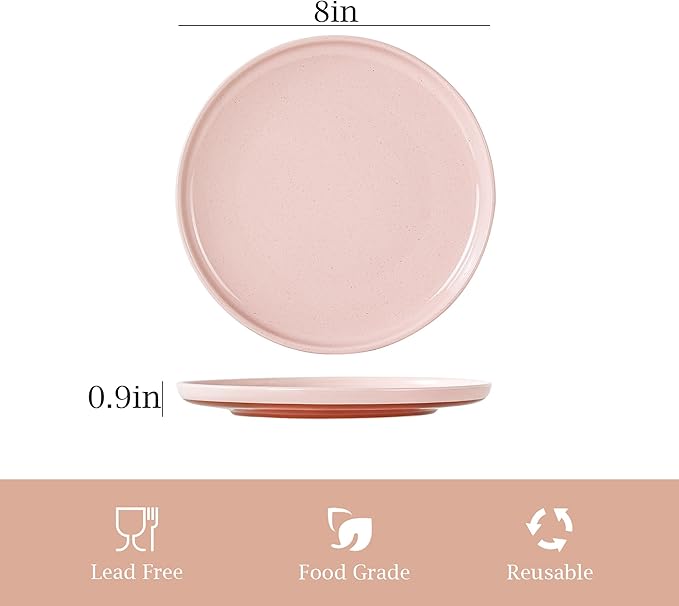 Salad&Dessert Plates,8 Inch Small Dinner Plates Sets for 4,Dishwasher & Microwave Safe,Porcelain Dinner Dishes for Cake, Fruits,Waffle, Pasta,Salad,Elegant Pink
