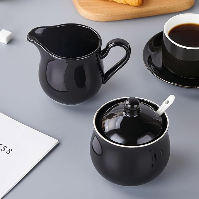 12 OZ Ceramic Sugar and Creamer Set, Coffee Serving Set, 5 Piece Cream Pitcher Sugar Bowl with Lid and Spoon (Black)