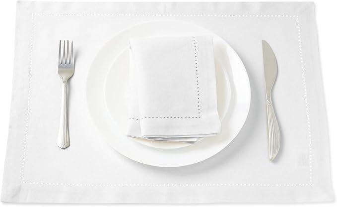 Encasa XO Placemats Set of 4 | Cotton Hemstitched Design | White | Rectangular 19"x13" - Dining Table Mat | for Dining Table Fall Decoration, Holiday & Christmas Festivals - Machine Washable
