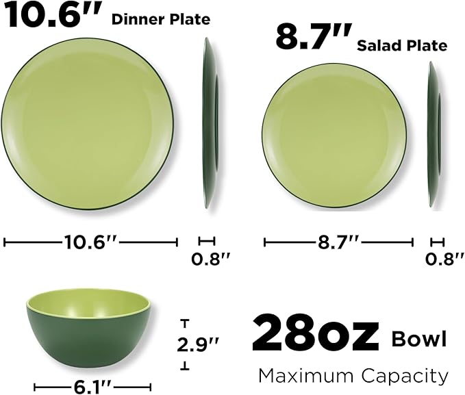 TP 12-Piece Dinnerware Set, Melamine Dishes Set with Bowls and Plates, Non-breakable and Lightweight Dinner Service for 4, Avocado Green