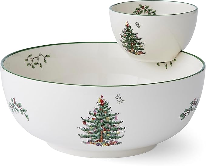 Spode Christmas Tree Tiered Chip and Dip Serving Set - 2-Piece Festive Snack Platter - Iconic Christmas Tree Motif - Porcelain, Dishwasher, Microwave, Freezer Safe - Holiday Serveware