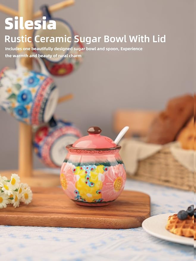 silesia Handmade Sugar Bowl with Lid and Spoon, 8 oz Hand-Painted Ceramic Sugar Jar, Floral Design Seasoning Container for sugar, honey, or spices, Dishwasher Safe (Glazed Pink)