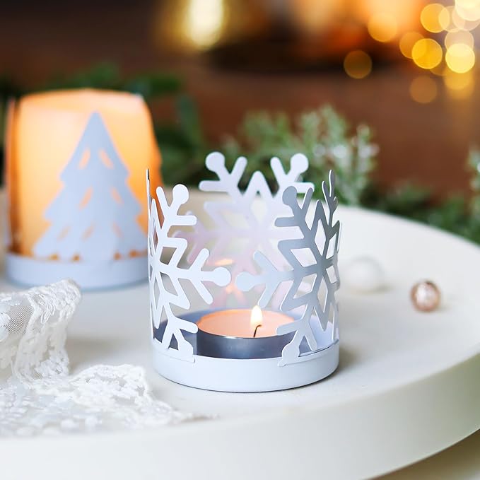 Christmas Candle Holders Set of 4, Metal Christmas Table Decor Centerpiece Pillar Tealight Votive Candle Holders, Vintage Indoor Christmas Table Decorations 4PCS