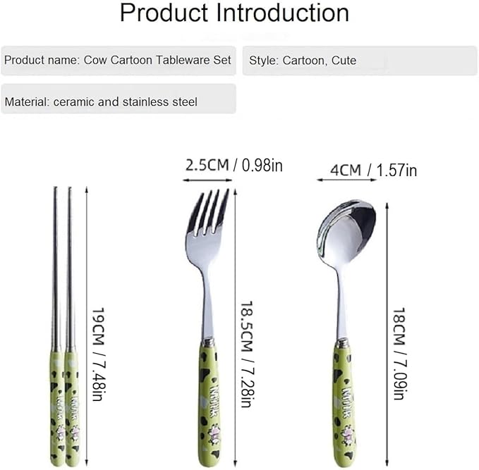 Cute Colorful Silverware Set, Milk Cow Series Ceramic Handle Dinnerware Set Flatware Kitchen Accessories Camping Travel Sets Fork Spoon Chopstick Portable Silverware Set with Case (Color : W