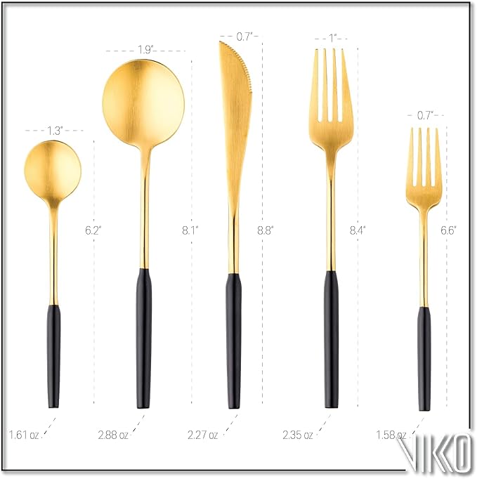 Vikko Dine Modern Silverware Set: Unique Brushed Black and Gold Set - Satin Matte - 18/10 stainless steel flatware For Upscale Dining and Entertaining- 20 Piece Cutlery Set - Service for Four (4)