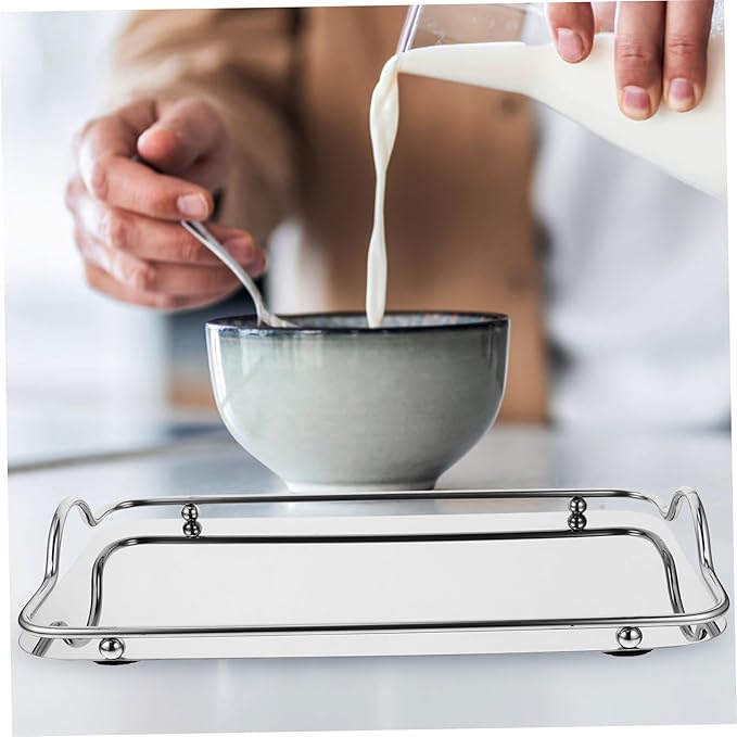 1pc Stainless Steel Rectangular Serving Tray Handles Elegant Entertaining Tray for Parties and Home Use for Snacks and Drinks Silver Finish