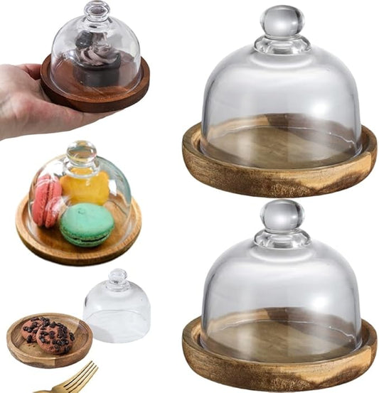 Charcuterie Snow Globes, Glass Cake Stand with Dome, Wood Cake Stands with Lid, Mini Clear Glass Display Candy Domes, Snow Globe Container for Cheese Snacks and Holiday Table Decor(Wood*2)