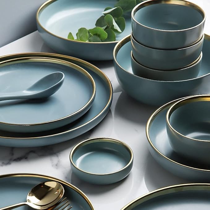 Dinnerware Set for Home or Special Restaurant, 24, 32, 41 PCS Ceramic Dinnerware Set Nordic Dark Green Bone China Tableware Creative European Ceramic Tableware with Bowl Plate