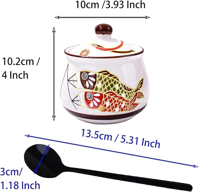 Ceramic Sugar Bowls with Spoon and Lid Porcelain Salt Container with Black Stainless Steel Spoon