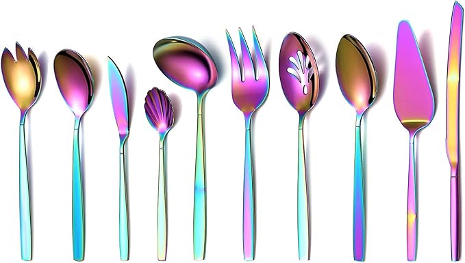 HOMQUEN Rainbow Serving Set - 10 Piece Colorful Flatware, Includes Slotted Spoon, Cake Server, Sugar Spoon, Soup Ladle, Wedding Cake Knife