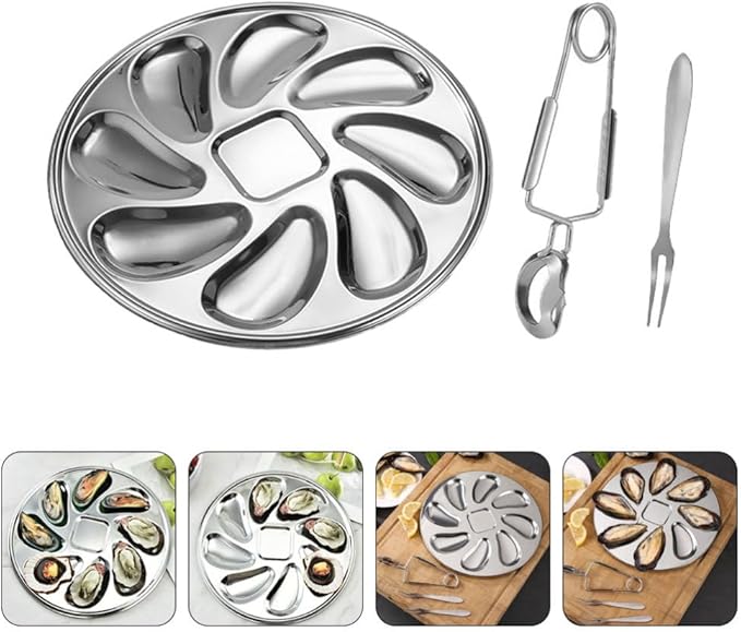 UPKOCH 1 Set of Stainless Steel Oyster Serving Tray, Shell Plate with Fork and Opener Tool, Silver, 9 Inch Diameter, for Home and Restaurant Use