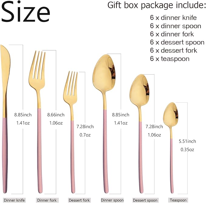 36pcs Silverware Set, 18/10 Stainless Steel Serving Flatware With Curved Handle For 6, Durable Eating Utensils For Home Entertaining, Mirror Polished (Pink Gold)