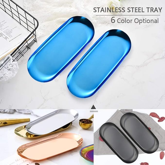 2 Pack 9in Stainless Steel Storage Tray, Premium Metal Organizer Plate to Hold Fruit, Tea, Cosmetics, Jewelry, Oval Stainless Steel Towel Tray for Vanity, Bathroom, Closets (Silver)