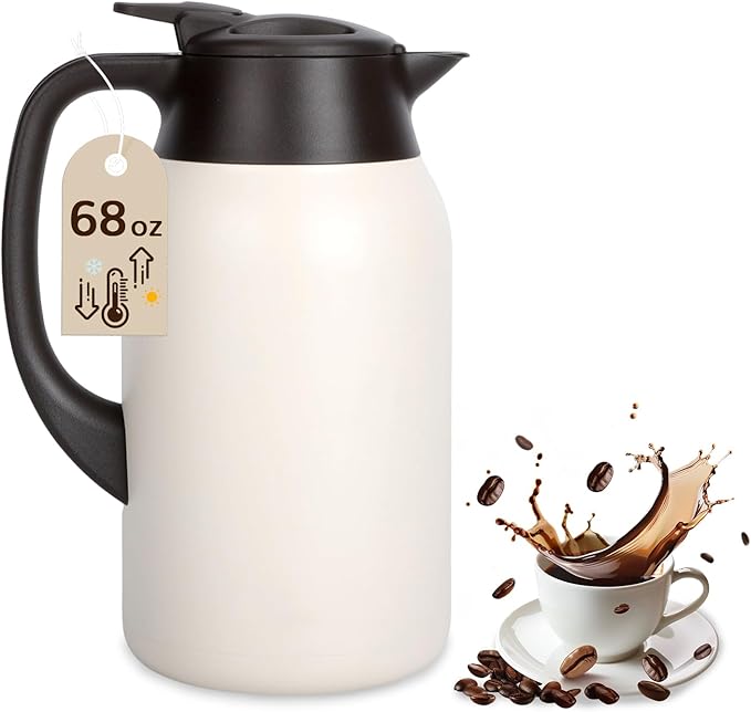 68 oz Coffee Carafe for Keeping Hot - 12 Hour Hot Drinks and 24 Hour Cold Drinks Stainless Steel Insulated Pot with Anti-Drip Spout, 316 Food Grade Thermal carafe Pot for Home/Camping/Office White