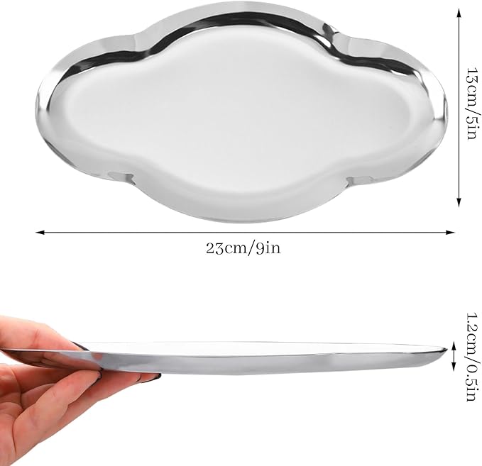 2Pcs Stainless Steel Jewelry Tray, 9in Cute Cloud Bathroom Decorative Tray Trinket Dish, Ring Dish Vanity Tray for Perfume Key Candle Aesthetic Room Decor (Silver)