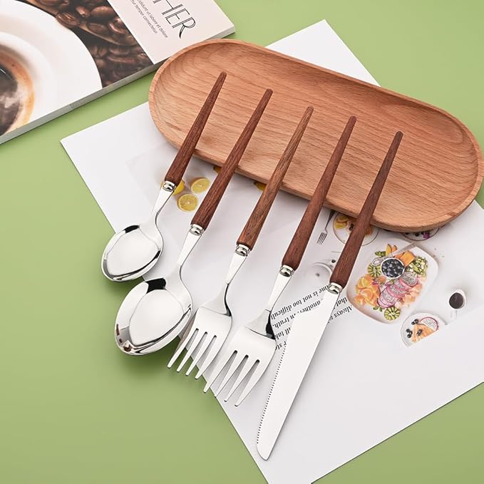 50-Piece Wood Handle Silverware Set 304 Stainless Steel Flatware Set Service For 10, Forks Spoons and Knives Set for Home, Restaurant, Wedding, Party (Rosewood)