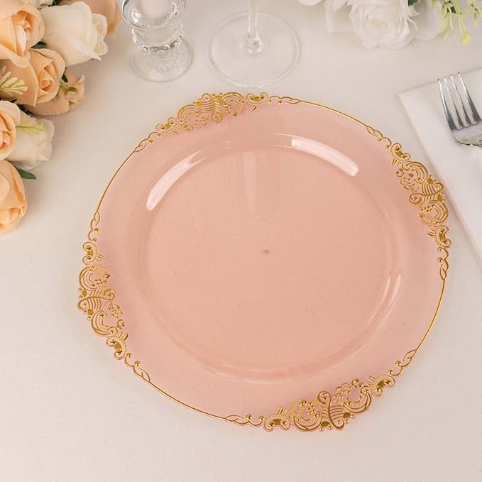 10" Dinner Plates -Set of 30 - Plastic Transparent Blush Round Baroque Disposable Chargers Leaf Embossed Rim, Ideal for Dinner Party Wedding Bulk Events