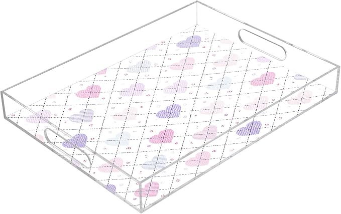 Serving Tray with Handles Clear Acrylic Tray 12x16 Inch Decorative Rectangular Tray Organizer for Ottoman Coffee Table Bathroom Valentine Heart Plaid Love Hearts White