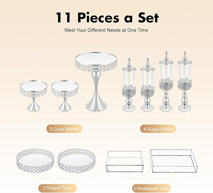 11-Piece Cake Stand Set, Silver Tiered Dessert Display Stands with Glass Trays & Acrylic Domes, Multi-Level Serving Platters for Wedding, Birthday Party, and Bakery Display