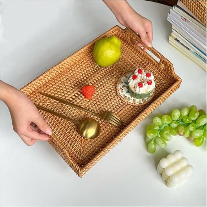 Rattan Serving Tray, Hand Woven Tray with Handles, Rectangular Wicker Basket Tray for Coffee Table Home Decor (14.5 x 10.2 x 1.4 inch)