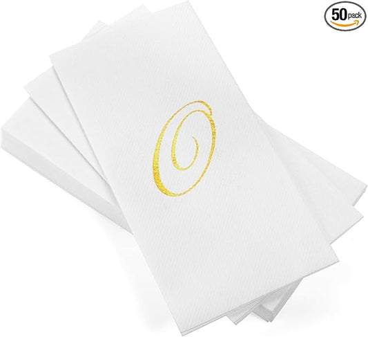 AMERICAN HOMESTEAD Disposable Hand Towels - Gold Foil Monogrammed Guest Napkins - Linen-Like Bathroom Paper Towels for Guests - Perfect Wedding and Party Napkins - 50 Count (Gold O)