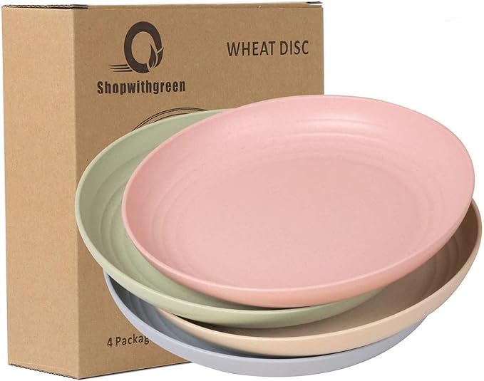 shopwithgreen Wheat Plastic Reusable Dinner Plates, Camping Outdoor Plates Sets, for Kitchen, Dorm Room, Microwave Dishwasher Safe, Unbreakable and Lightweight, 10 Inch, 4 PCS