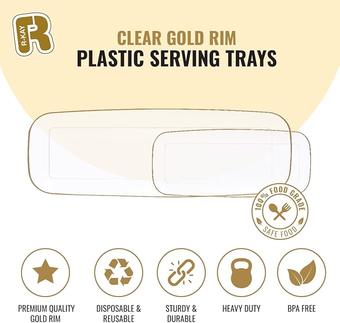 R-kay 4 Pack Plastic Serving Trays For Party - Gold Serving Tray 17 by 6.5 Inch - Heavy Duty Clear Trays For Food - Long Party Serving Trays For Entertaining - Clear Platters