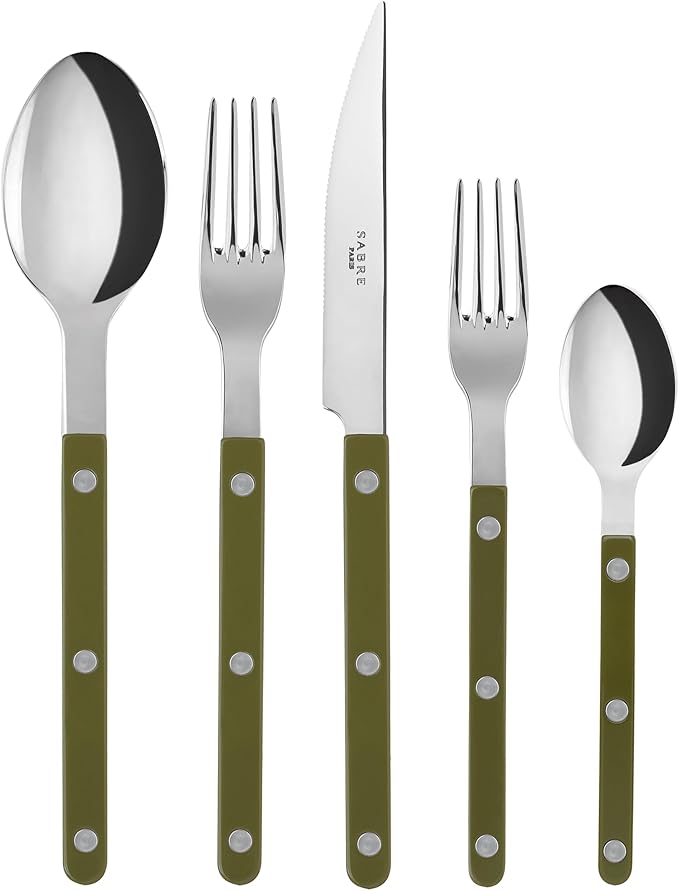 SABRE PARIS - 5-Piece Flatware Set - Bistrot Collection - Knife, Fork, Soup Spoon, Teaspoon & Dessert Fork - Stainless Steel & Nylon - Dishwasher Safe - Fern Green - Brilliant Finish