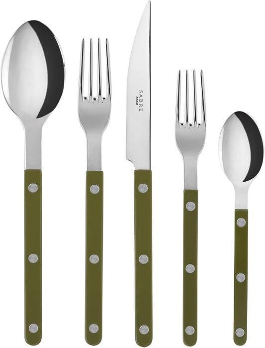 SABRE PARIS - 5-Piece Flatware Set - Bistrot Collection - Knife, Fork, Soup Spoon, Teaspoon & Dessert Fork - Stainless Steel & Nylon - Dishwasher Safe - Fern Green - Brilliant Finish