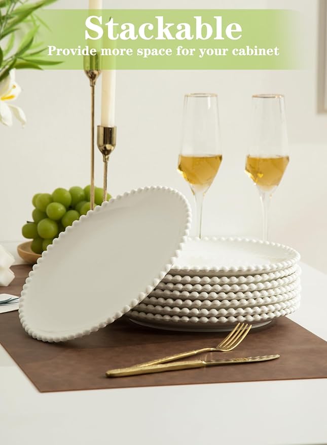TAMAYKIM 10.5 Inch Porcelain Dinner Plates, Pasta Steak Salad Plates, Round Shape Serving Dinnerware Sets, Scratch Resistant, Microwave, Oven, and Dishwasher Safe, White with Pearl Dots, Set of 8