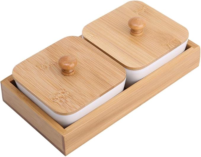 Ceramic Appetizer Serving Plate with Tray Cover, Snack Serving Plate for Fruits Nuts Desserts, BPA - Free White Ceramic Square Bowl with Separate Compartments, Modern Design (Two compartments with