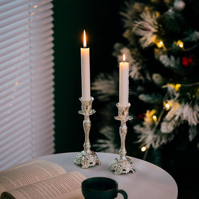 Sziqiqi Silver Plated Candlestick Holders Set of 2 Taper Candle Holders Deluxe Ornate Candle Holders for Shabbat Taper Candles, Candle Centerpiece, Wedding Candles, Christmas Candle, 7.4inch