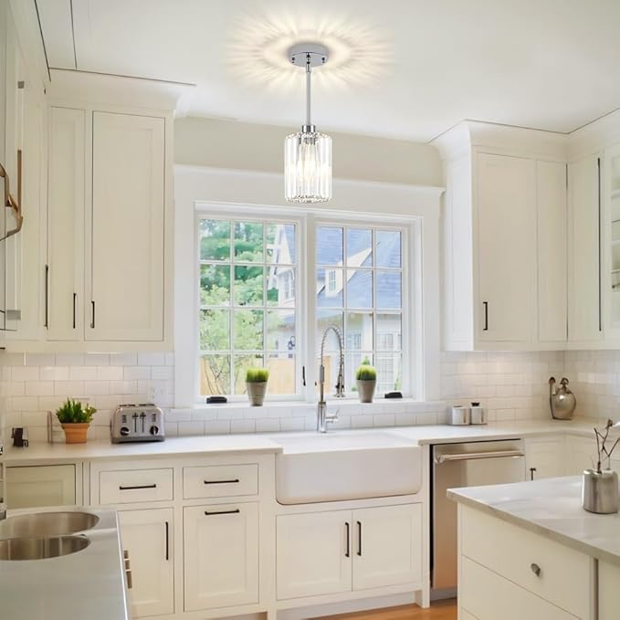 Chrome Pendant Lights,2 Pack Crystal Pendant Lighting for Kitchen Island, Modern Mini Kitchen Chandeliers Hanging Pendant Lights for Bedroom Dining Room Hallway