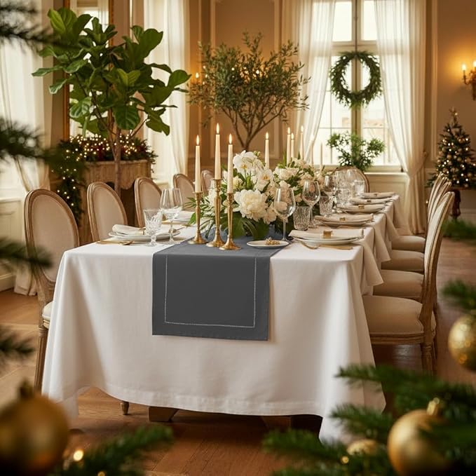 D'Moksha Homes Linen Charcoal Grey Table Runner 132 Inches Long - 100% Pure Linen Extra Long Table Runner 14 x 132 Inch for Winter, Christmas, Holiday, New Year - Classic Hemstitch
