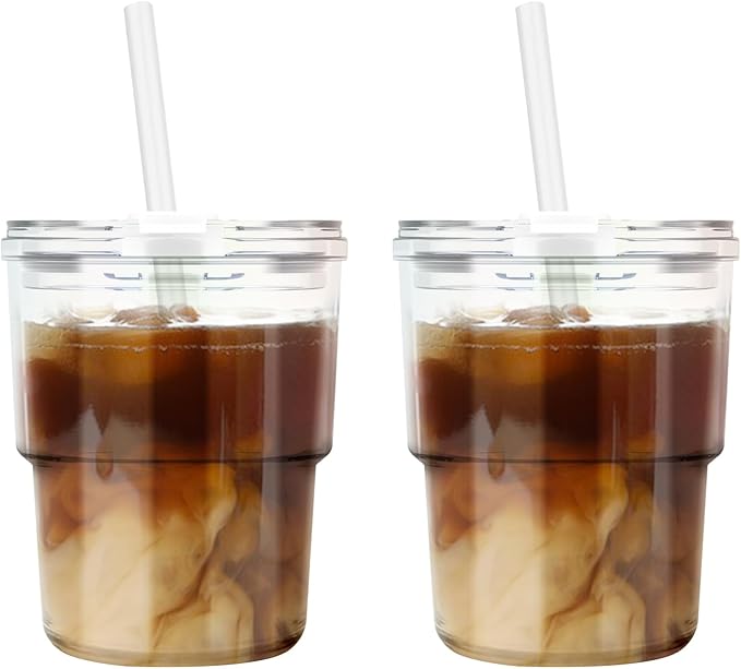 Luxfuel 13oz Tumbler Water Glass Cups with Straw and Lid, Reusable Iced Coffee Cups, Iced Tea, Sealed Carry-On Glass Tumbler for Travel, Home, Office, Party and Outdoor (Iridescent Shimmer 2 Pack)