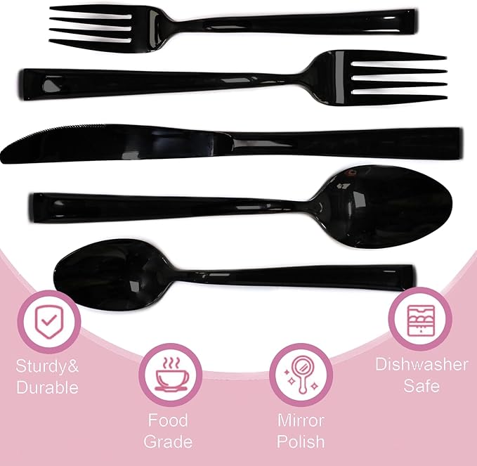 20-Piece Black Silverware Set, Stainless Steel Cutlery Set, Handle Flatware Set, Modern Mirror| Dishwasher Safe| Service for 4