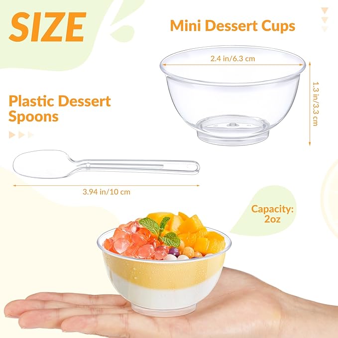 Suclain 200 Pack 2 Oz Dessert Cups with Spoons Round Clear Plastic Party Disposable Appetizer Parfait Cups Serving Bowls for Tasting Party Appetizers Fruit Parfait Trifle Mousse Pudding