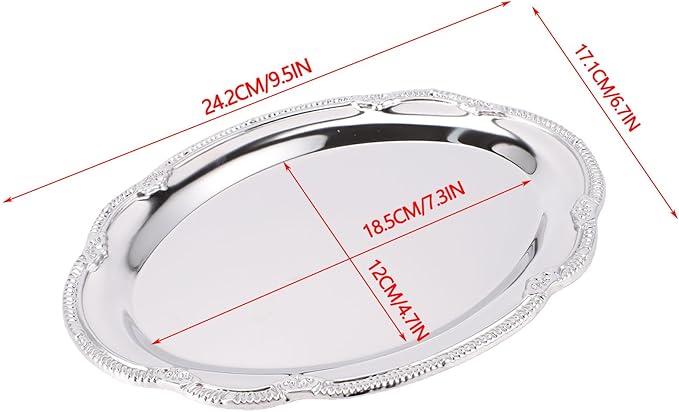 Stainless Steel Oval Platter, Silver Serving Tray, Floral Engraved Decorative Metal Plates Appetizer Platter Mirror Trays for Wedding Birthday Party Snack Fruit Cake (24CM)