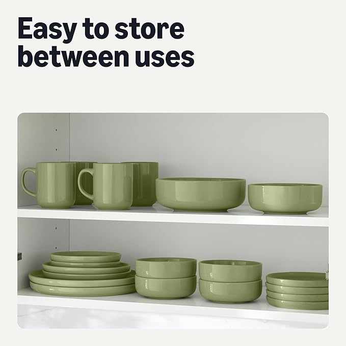 Amazon Basics Glazed Stoneware Dinnerware, 12-Piece Set, 4 Full Place Settings, Microwave and Dishwasher-Safe, Olive