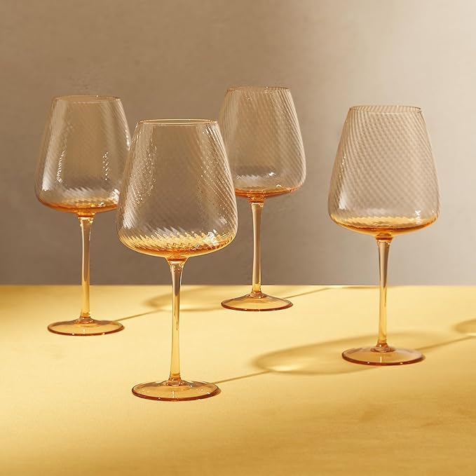 mopio Zest Fluted Wine Glasses Set of 4, 20.5 oz, Dishwasher Safe, Elegant Barware for Wedding, Party and Brunch, Colorful Drinkware Gifts in Eco-Friendly Packaging, Soda-Lime Glass (Peach)
