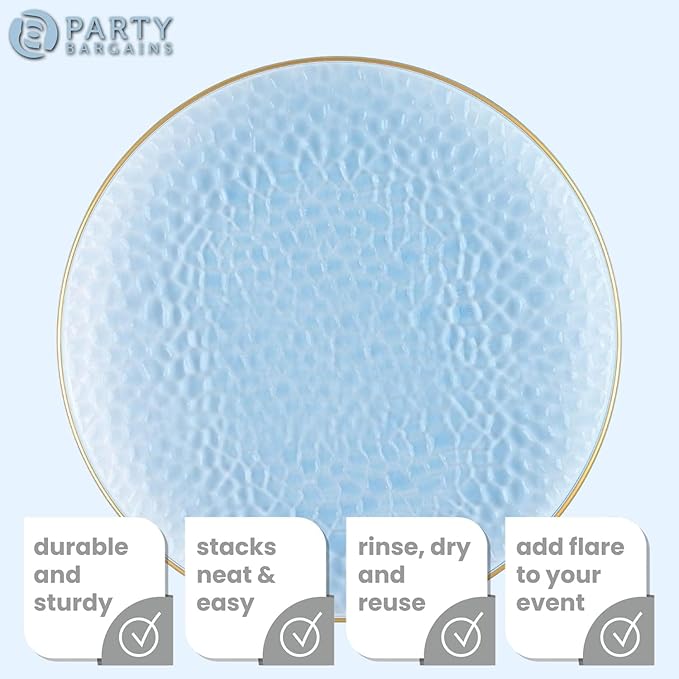 PARTY BARGAINS 13-Inch Charger Plates - 16 Pack, Hammered Blue Gold Rim, Heavy-Duty Disposable Chargers for Elegant Dining - Ideal for Weddings and Formal Events