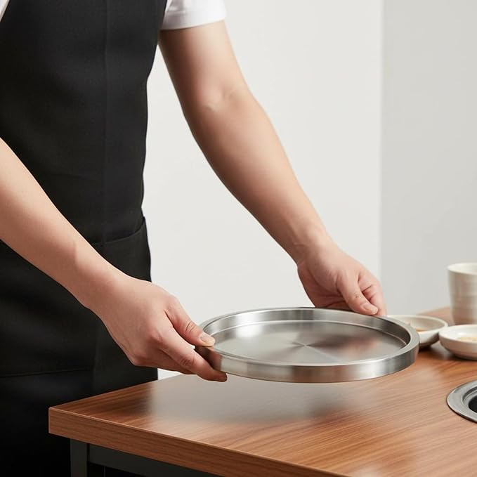 Korean BBQ Serving Tray Dishwasher Stainless Steel Round Dish-Piece Construction Stainless Steel Serving Tray for Hot Pot, Silver, 26CM