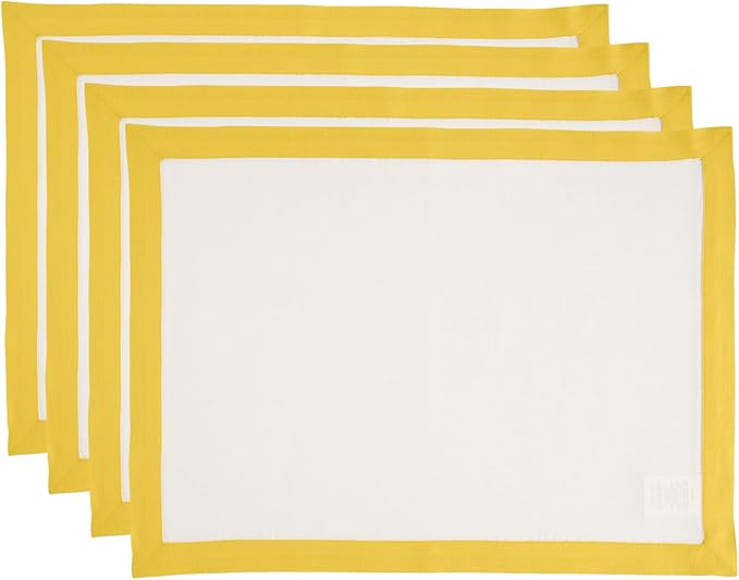 Solino Home Linen Placemats Set of 4 - Sunshine Yellow and White Placemats 14 x 19 Inch - 100% Pure Linen Table Place Mats - Classic, Handcrafted and Machine Washable