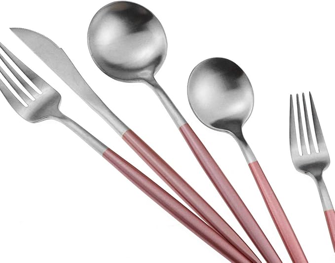 Gugrida Luxury Flatware, Royal 20 Piece Matte Pink Handle 18/10 Stainless Steel Tableware Sets for 4 Including Forks Spoons Knives, Camping Silverware Travel Utensils Set Cutlery (Pink Silver)