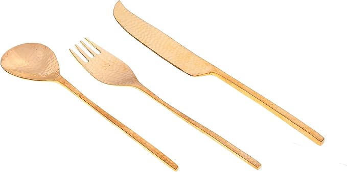 DeKulture Handmade Pure Brass 3 Pieces Cutlery Set Premium Deluxe Tableware Classic Gold Burnished Utilitarian Flatware Ideal for Serving & Dining Table Decoration