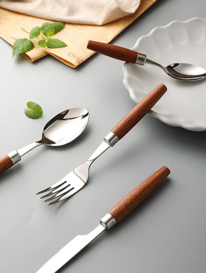 Wood Silverware Set for 6 Premium 18/10 Stainless Steel Flatware Set 24 Piece Wooden Cutlery Tableware Utensils Modern Knives Forks and Spoons Set for Home Kitchen Wedding Restaurant